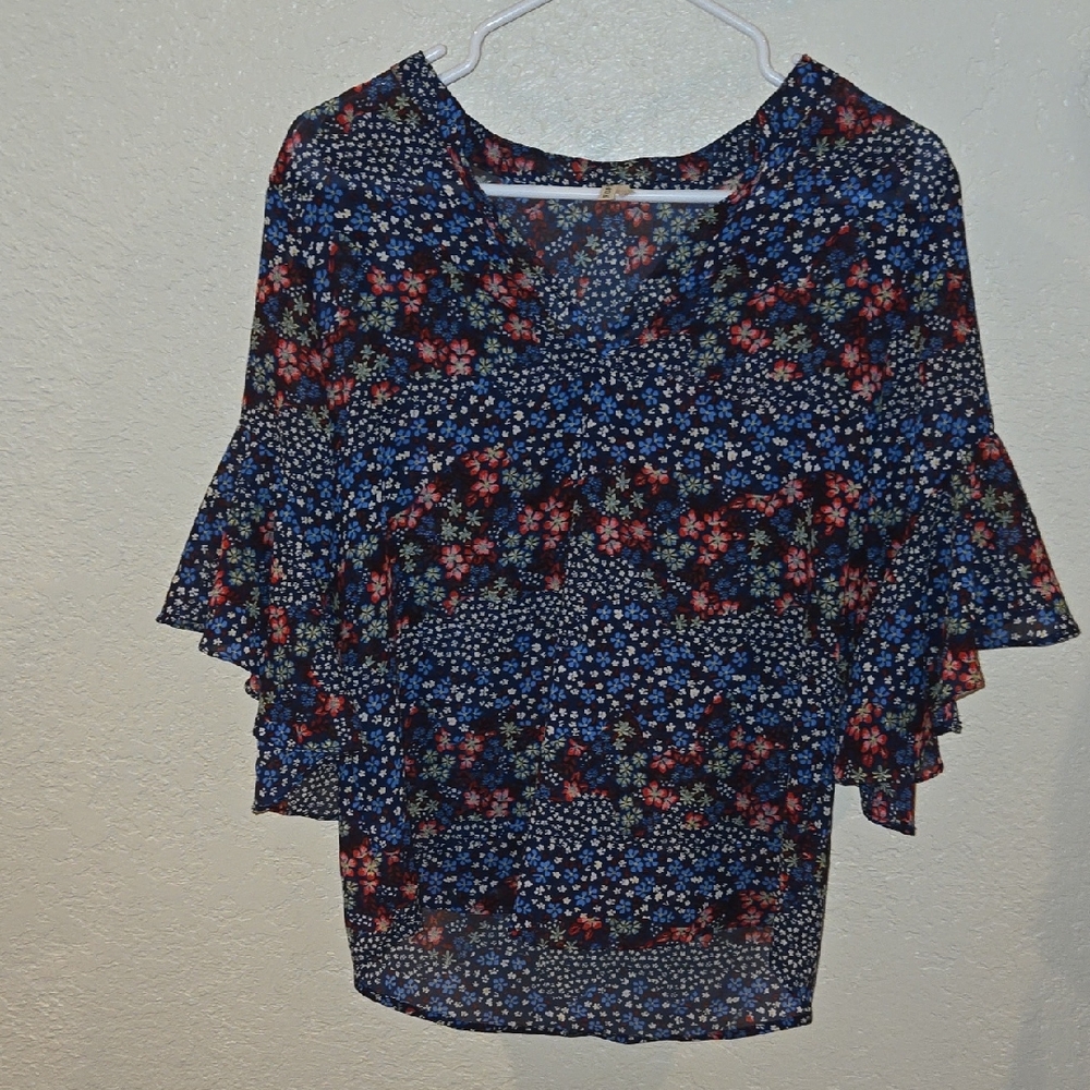 Roper Blue Floral Ruffle Blouse